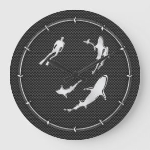 Chrome Like Diver with Sharks on Carbon Fibre Large Clock