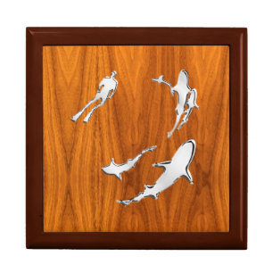 Chrome Like Diver with Sharks on Teak Veneer Gift Box