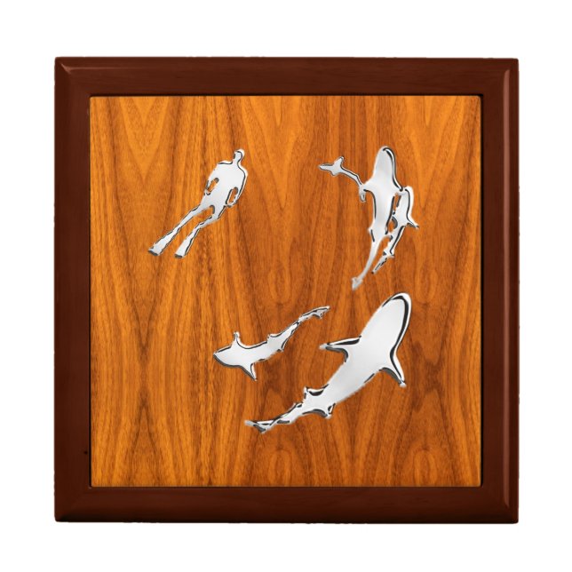 Chrome Like Diver with Sharks on Teak Veneer Gift Box (Front)