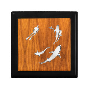 Chrome Like Diver with Sharks on Teak Veneer Gift Box