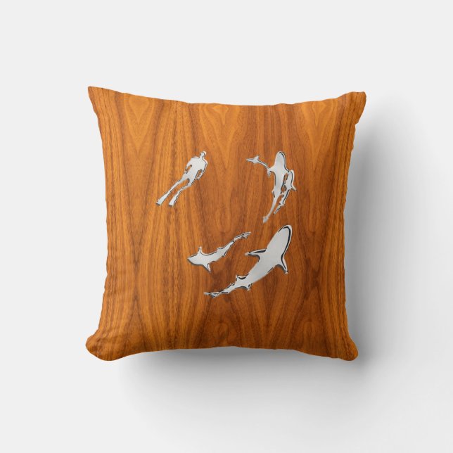Chrome Like Diver with Sharks on Teak Veneer Throw Pillow (Front)