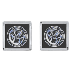 Chrome like Dragon Crest Carbon Fiber looks Silver Cufflinks