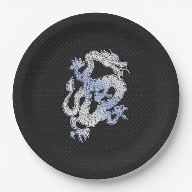 Chrome like Dragon on Black Snake Skin Print Paper Plates (Front)