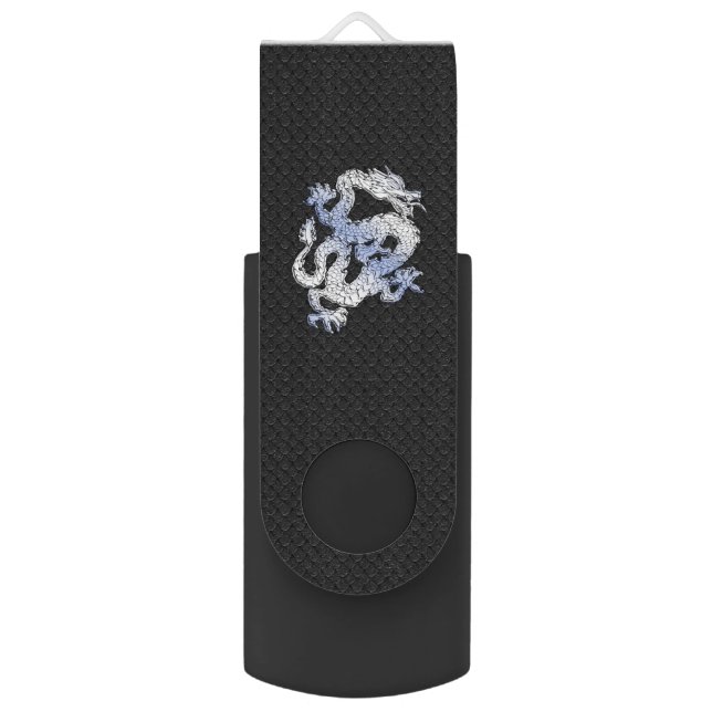Chrome like Dragon on Black Snake Skin Print USB Flash Drive (Front Vertical)