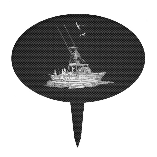 Chrome Like Fishing Boat on Carbon Fiber Cake Topper (Front)