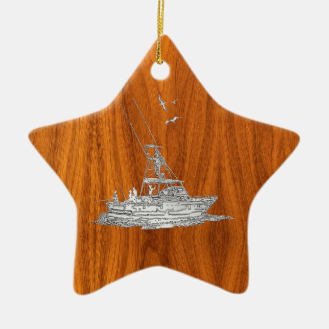 Chrome Like Fishing Boat on Teak Wood Ceramic Ornament (Front)