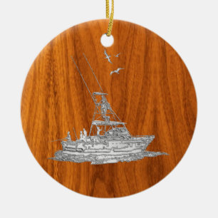 Chrome Like Fishing Boat on Teak Wood Ceramic Ornament