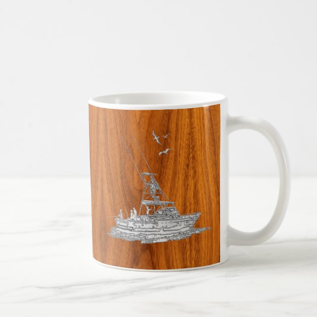 Chrome Like Fishing Boat on Teak Wood Decor Coffee Mug (Right)