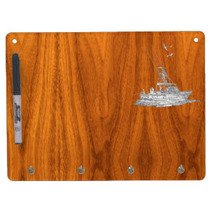 Chrome Like Fishing Boat on Teak Wood Decor Dry Erase Board With Keychain Holder