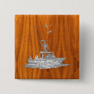 Chrome Like Fishing Boat on Teak Wood Decor Pinback Button