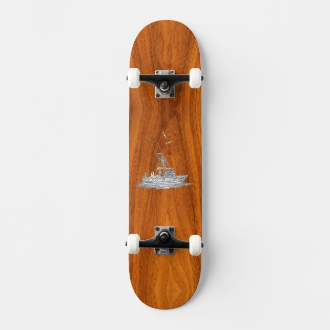 Chrome Like Fishing Boat on Teak Wood Decor Skateboard Deck (Front)
