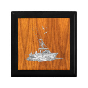 Chrome Like Fishing Boat on Teak Wood Gift Box