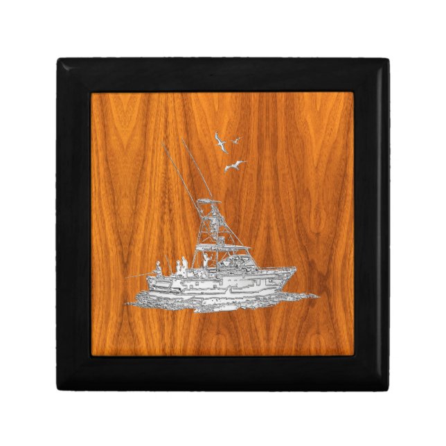 Chrome Like Fishing Boat on Teak Wood Gift Box (Front)