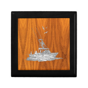 Chrome Like Fishing Boat on Teak Wood Jewelry Box