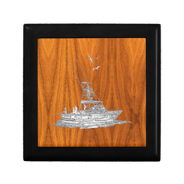 Chrome Like Fishing Boat on Teak Wood Jewelry Box (Front)