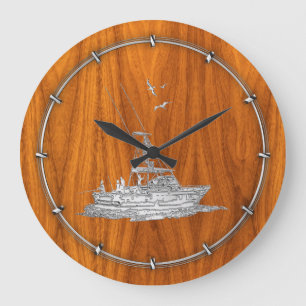Chrome Like Fishing Boat on Teak Wood Large Clock