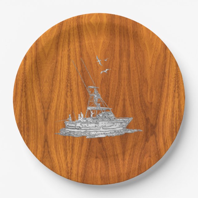 Chrome Like Fishing Boat on Teak Wood Paper Plates (Front)