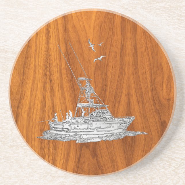 Chrome Like Fishing Boat on Teak Wood Sandstone Coaster (Front)