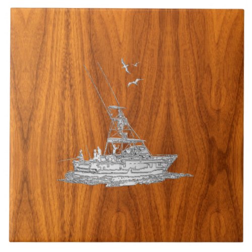 Chrome Like Fishing Boat on Teak Wood Tile