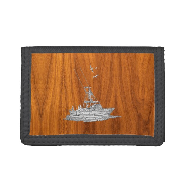 Chrome Like Fishing Boat on Teak Wood Tri-fold Wallet (Front)