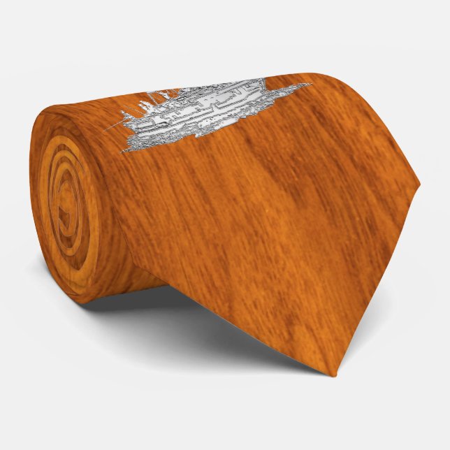Chrome like Fishing Boat on Teak Woodv style Neck Tie (Rolled)
