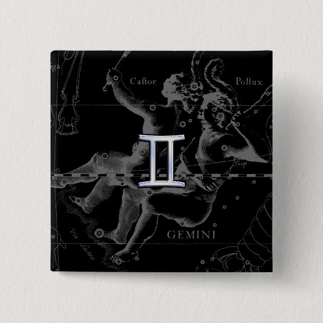 Chrome like Gemini Zodiac Symbol on Hevelius Pinback Button (Front)