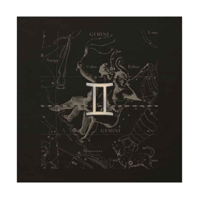 Chrome like Gemini Zodiac Symbol on Hevelius Wood Wall Art (Front)