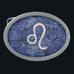 Chrome Like Leo Sign on Navy Blue Digital Camo Belt Buckle<br><div class="desc">A silver chrome like Leo zodiac symbol on a navy blue digital camouflage background. A modern urban racy design for a great custom birthday gift idea. 
 

 


Use the "Ask this Designer" link to contact us with your special design requests or for some assistance with your customization needs.</div>