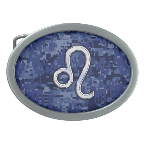 Chrome Like Leo Sign on Navy Blue Digital Camo Belt Buckle