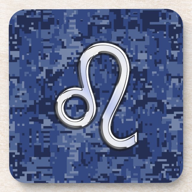 Chrome Like Leo Sign on Navy Blue Digital Camo Drink Coaster (Front)