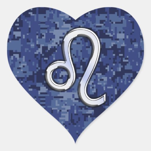 Chrome Like Leo Sign on Navy Blue Digital Camo Heart Sticker