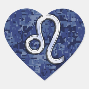 Chrome Like Leo Sign on Navy Blue Digital Camo Heart Sticker