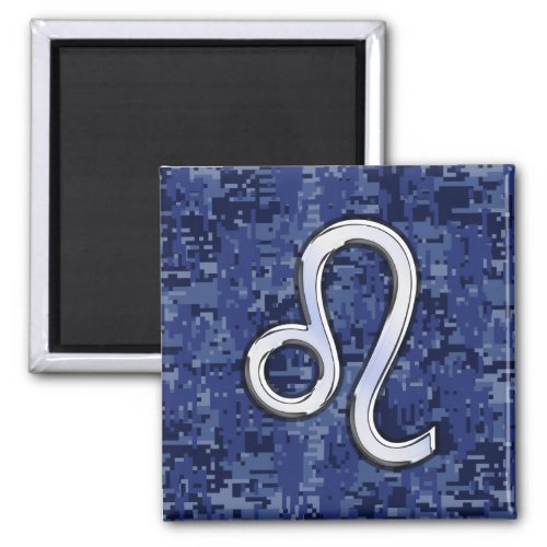 Chrome Like Leo Sign on Navy Blue Digital Camo Magnet