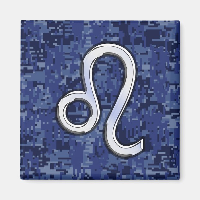 Chrome Like Leo Sign on Navy Blue Digital Camo Magnet (Front)