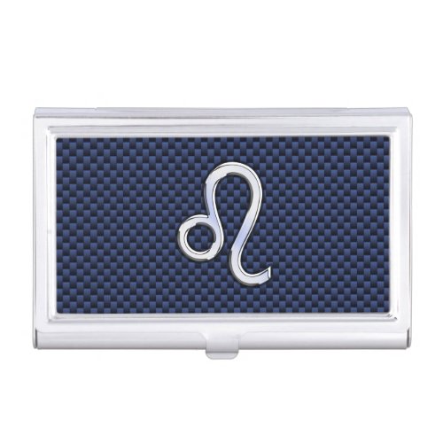 Chrome Like Leo Zodiac Sign Blue Carbon Fiber Business Card Holder