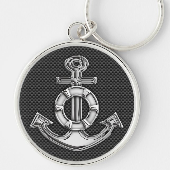 Chrome Like Lifesaver Anchor on Carbon Fiber Keychain (Front)