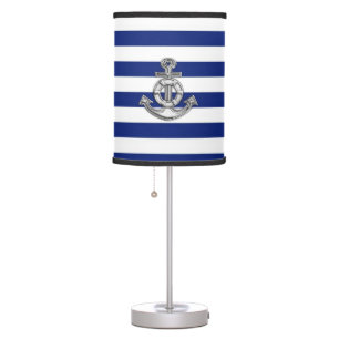 Chrome Like Lifesaver Anchor on Navy Stripes Table Lamp