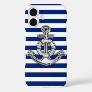 Chrome Like Lifesaver on Nautical Stripes Decor iPhone 16 Case