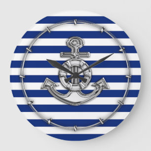 Chrome Like Lifesaver on Navy Stripes Large Clock