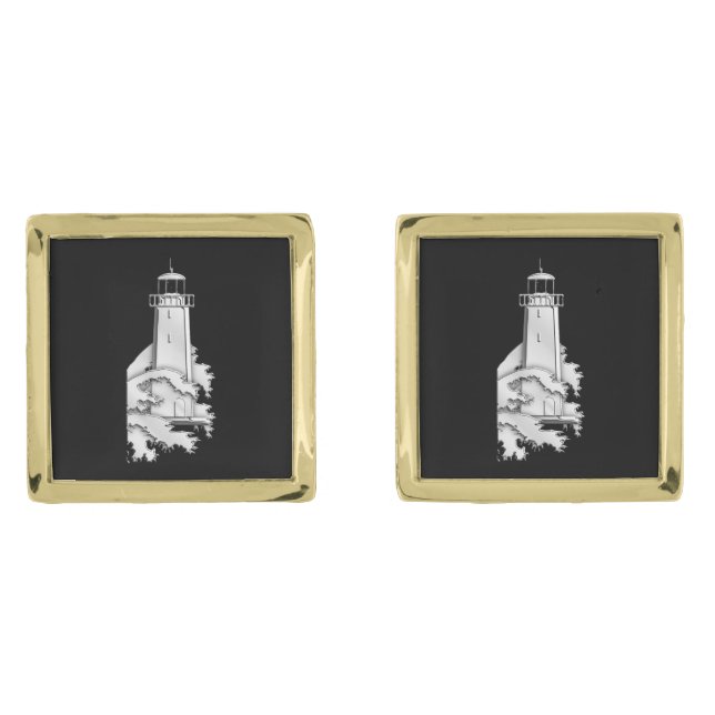 Chrome Like Lighthouse Nautical on Black Print Cufflinks (Front)