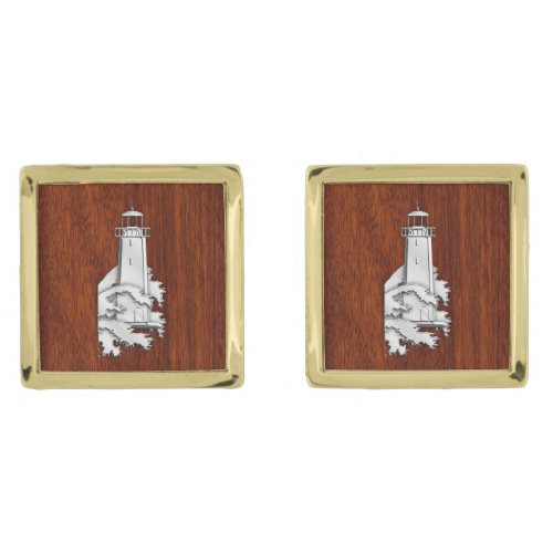 Chrome Like Lighthouse Nautical on Mahogany Print Gold Cufflinks