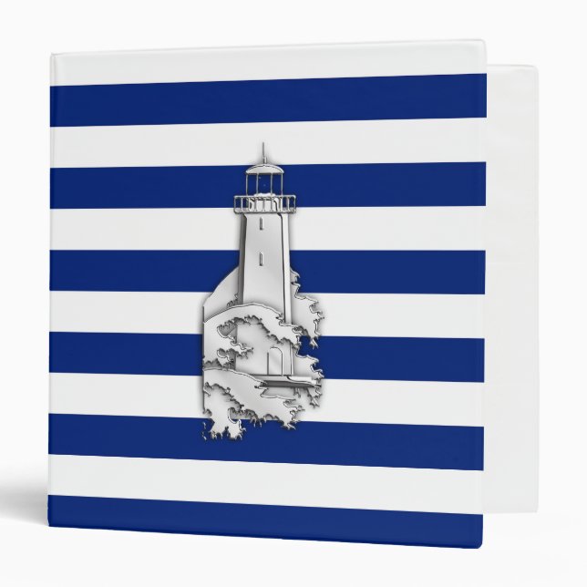Chrome Like Lighthouse on Nautical Stripes 3 Ring Binder (Front/Inside)
