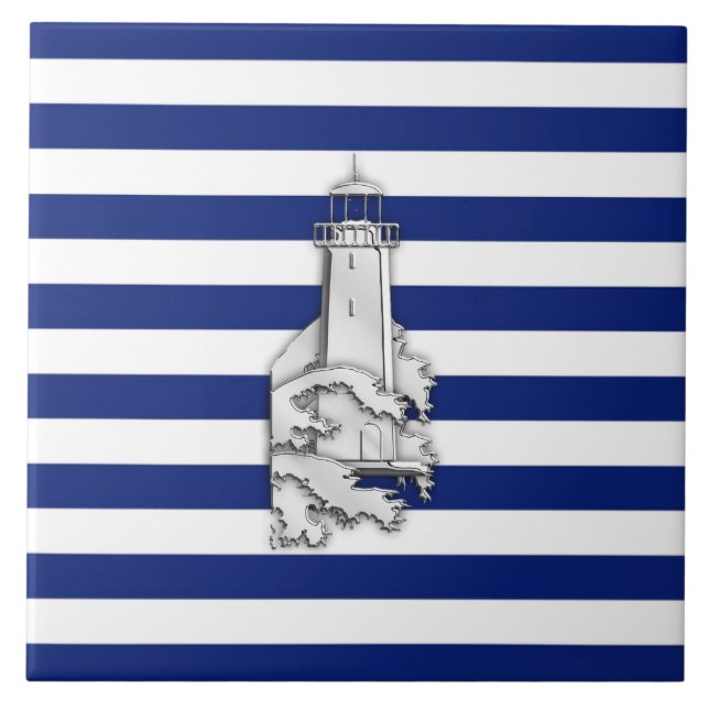 Chrome Like Lighthouse on Nautical Stripes Ceramic Tile (Front)