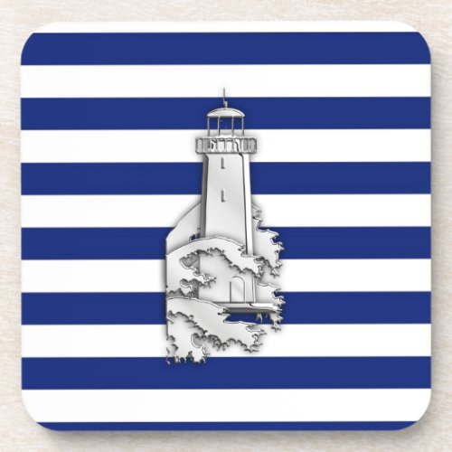 Chrome Like Lighthouse on Nautical Stripes Coaster