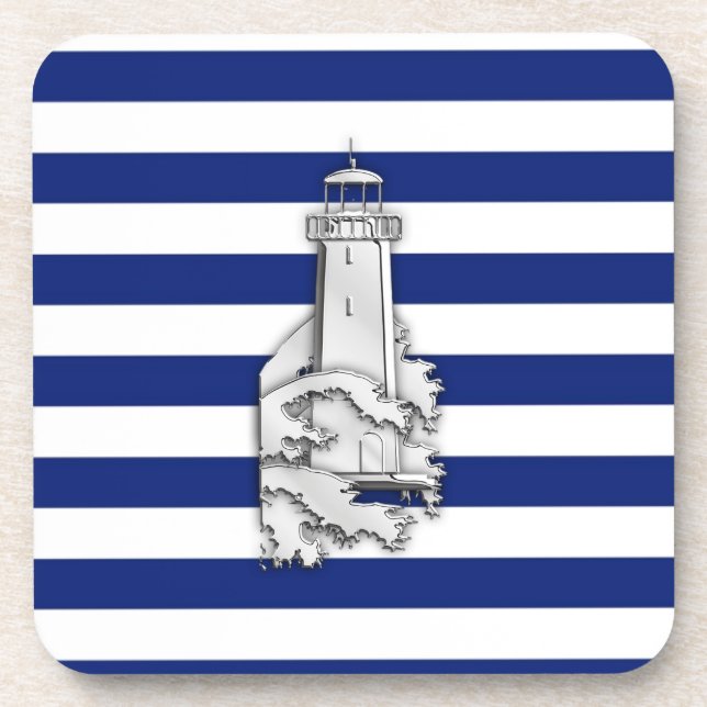 Chrome Like Lighthouse on Nautical Stripes Coaster (Front)