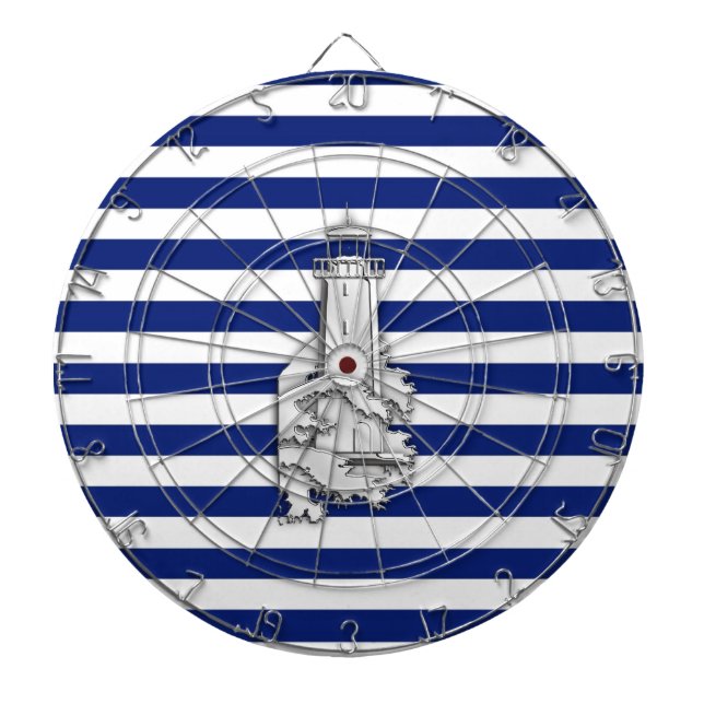 Chrome Like Lighthouse on Nautical Stripes Dartboard With Darts (Front)