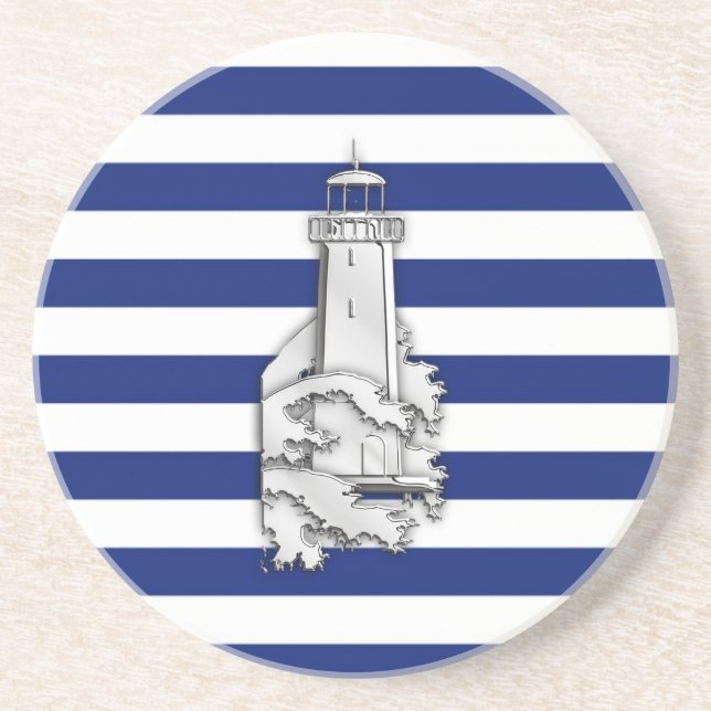 Chrome Like Lighthouse on Nautical Stripes Drink Coaster (Front)