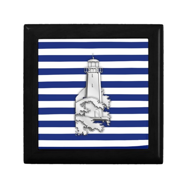 Chrome Like Lighthouse on Nautical Stripes Gift Box (Front)
