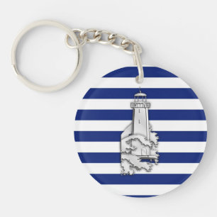 Chrome Like Lighthouse on Nautical Stripes Keychain