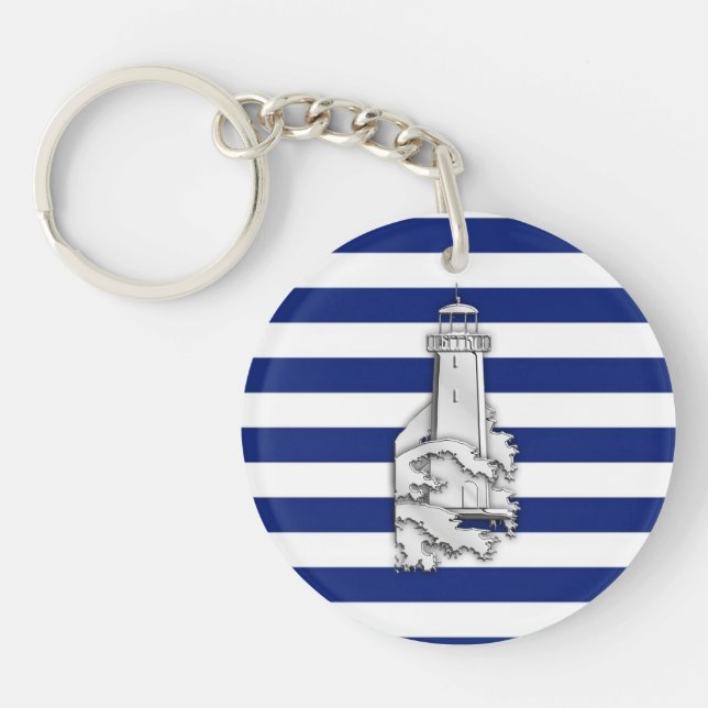 Chrome Like Lighthouse on Nautical Stripes Keychain (Front)